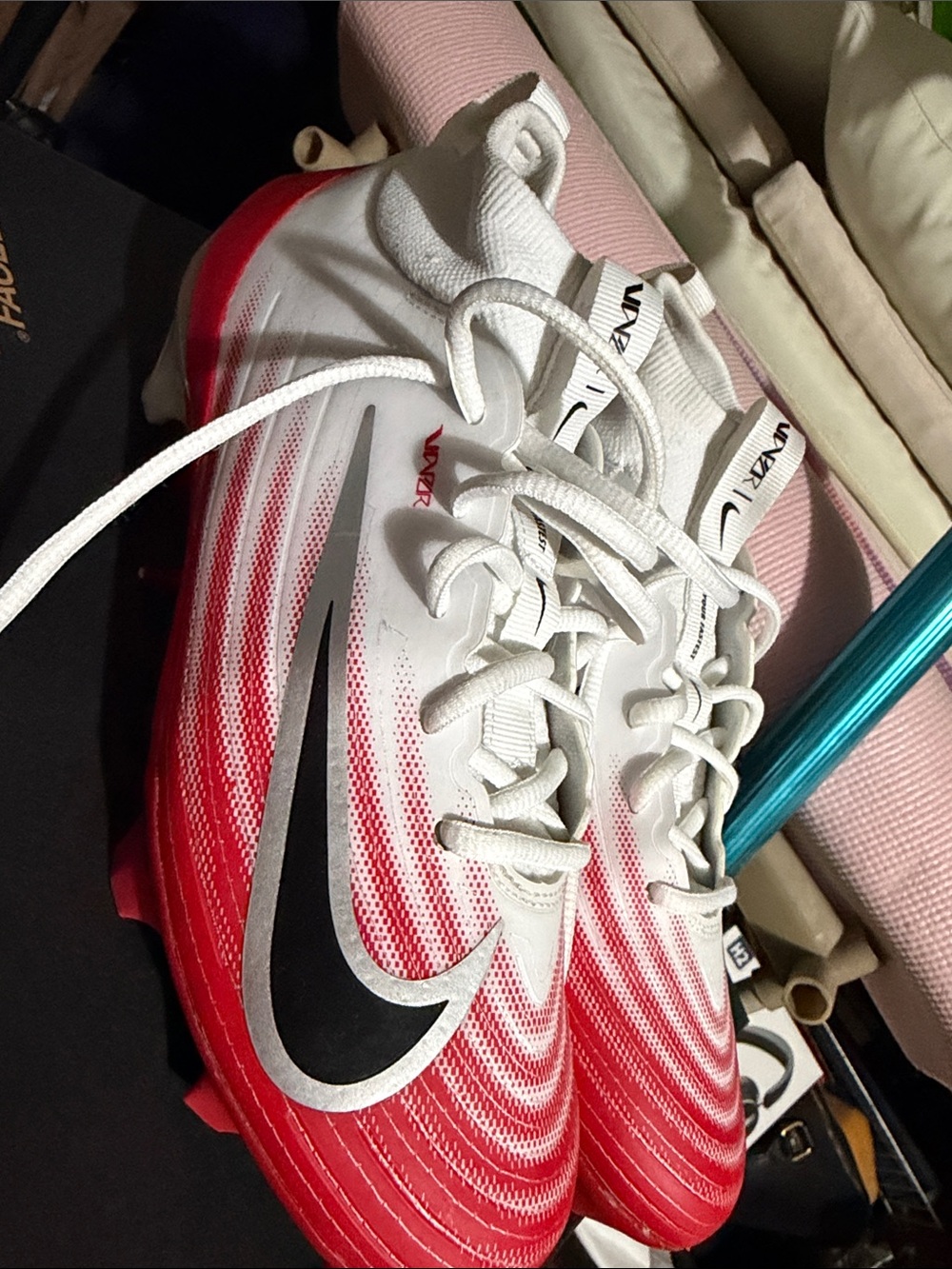 Nike White and Red Gradient Air Zoom Soccer Cleats